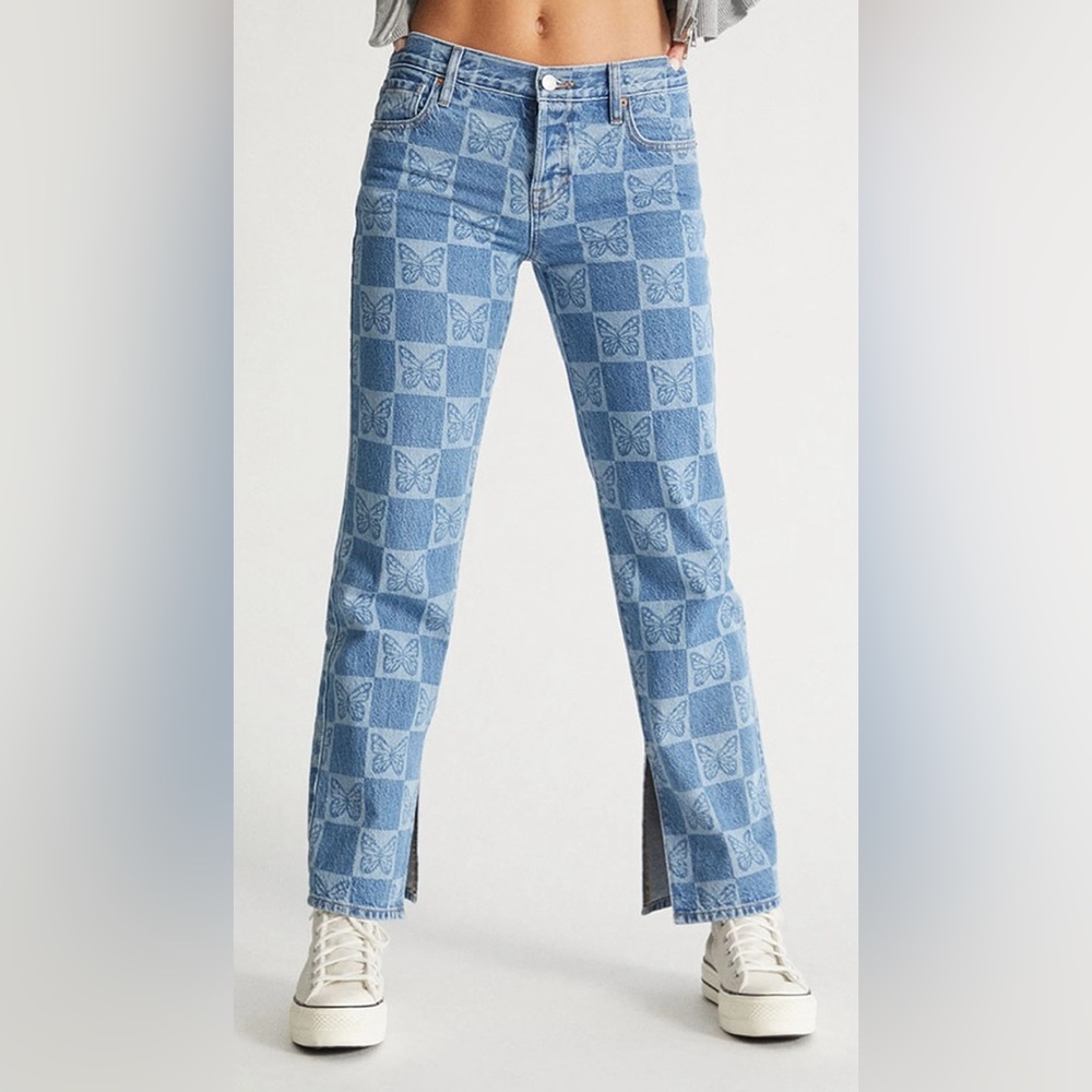 PacSun butterfly print blue denim jeans button fly split hem 100% cotton size 27